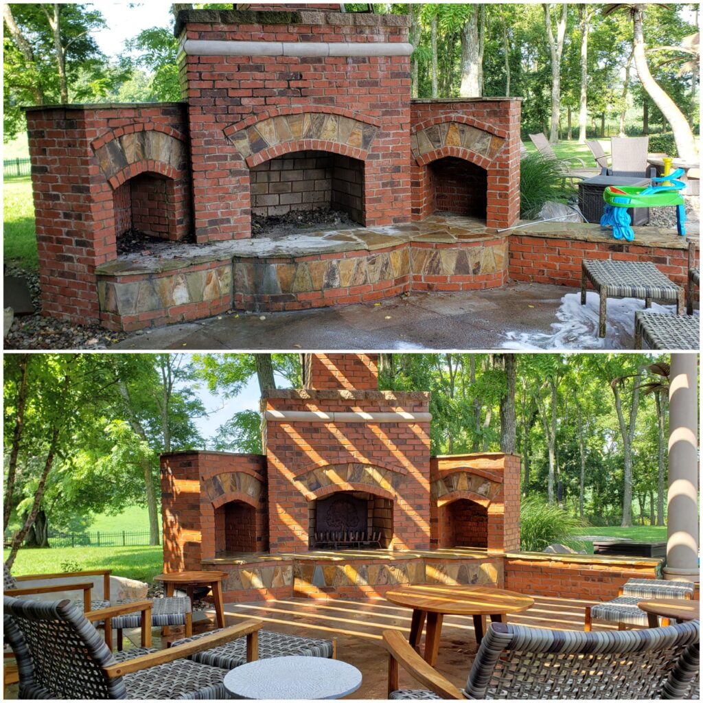 Before and after of a cleaned brick outdoor fireplace in Simpsonville