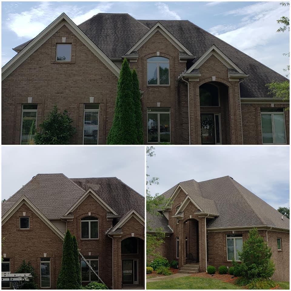 Before and after of pressure washing a brick home exterior and roof.